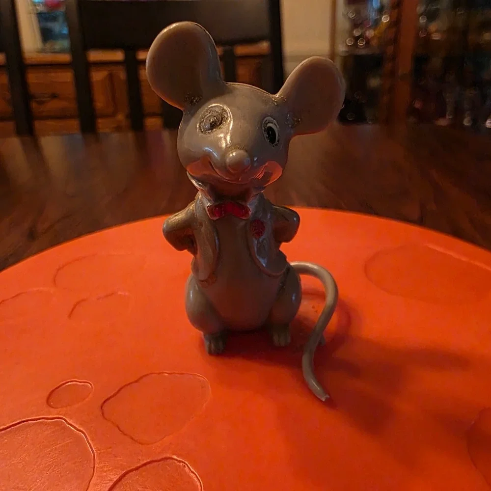 Vintage Mid Century Cheese Server Mouse Orange Plastic Dome Wood Base Tray MCM